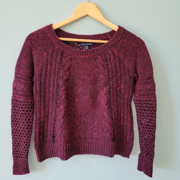American Eagle burgundy wine open knit sweater with cable details - Picture 1 of 7